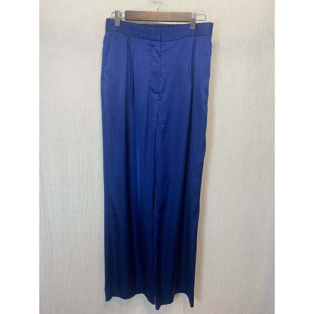 Abercrombie & Fitch Satin Wide Leg Pants Women's Sz M Blue Pleated High Rise - Picture 2 of 8